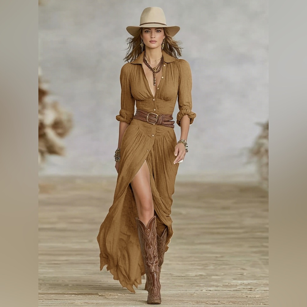 Modesees Women’s Pleated Lapel Single-breasted Long-sleeved Maxi Dress with Belt